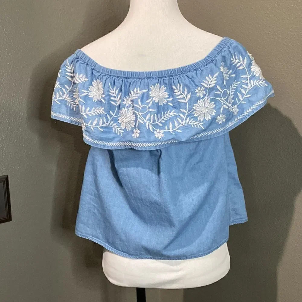 Forever 21 Off Shoulder Blouse White Floral Embroidery Chambray Denim Top